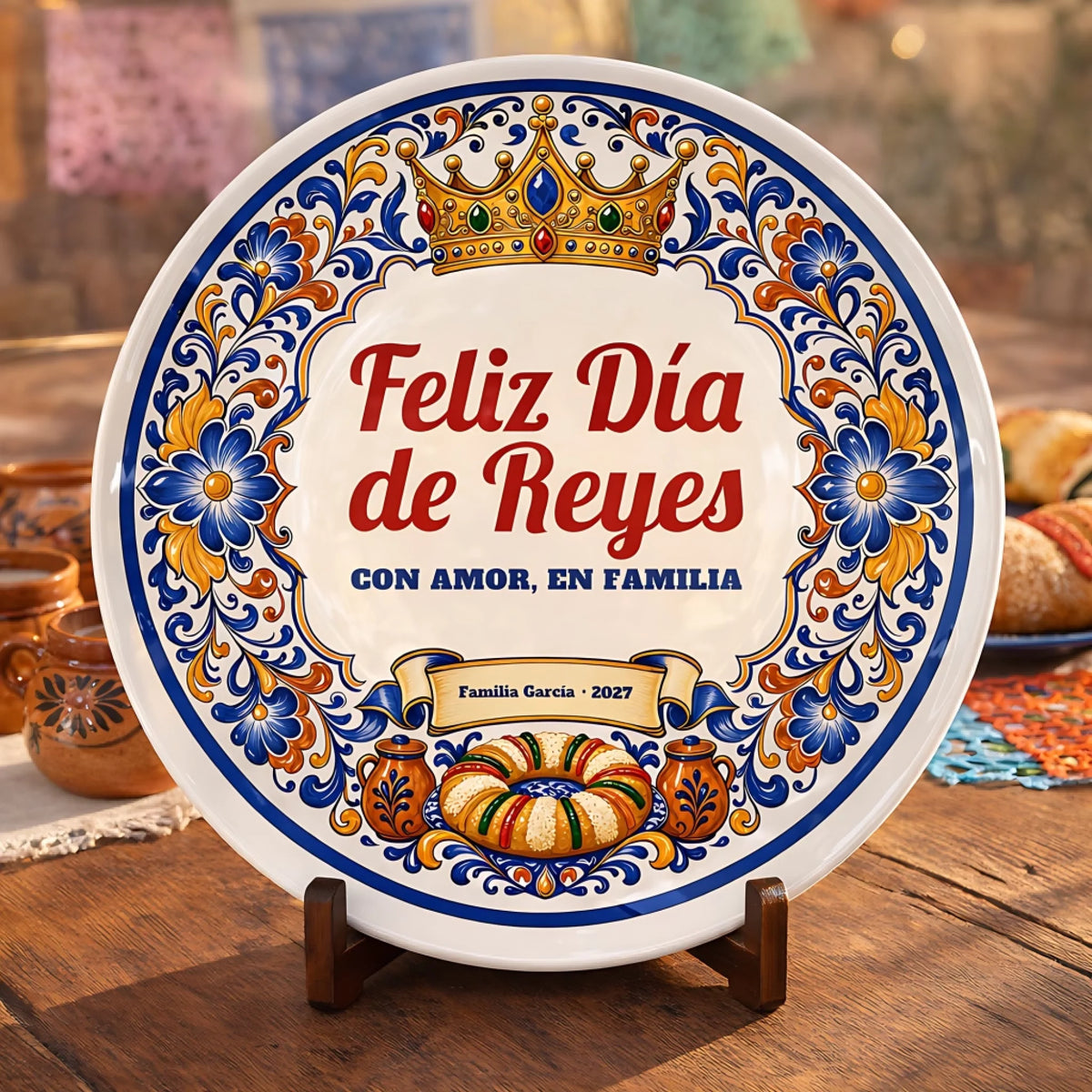Three Kings Day family plate on a wooden stand at a festive table