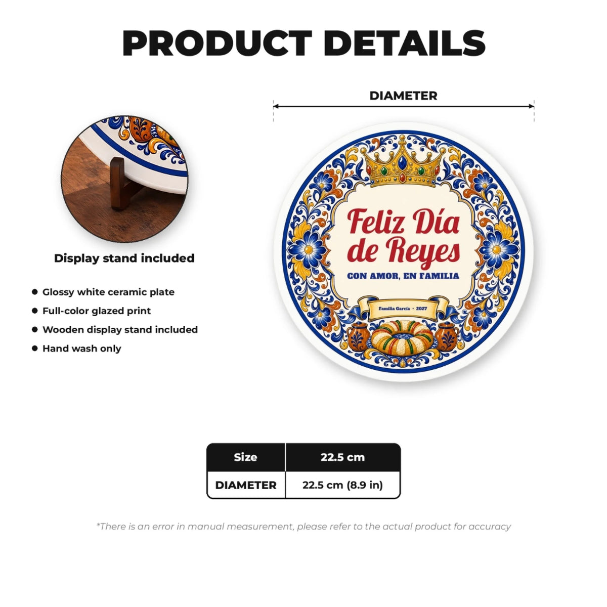 Día de Reyes ceramic plate details with wooden display stand