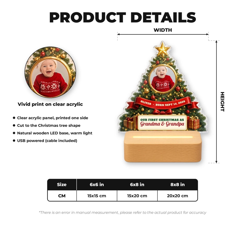 Grandparents Christmas tree night light details and wooden LED base