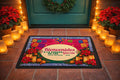 Posada Christmas doormat at a teal front door with luminarias