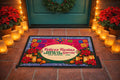Felices Fiestas family name doormat with poinsettias and lanterns