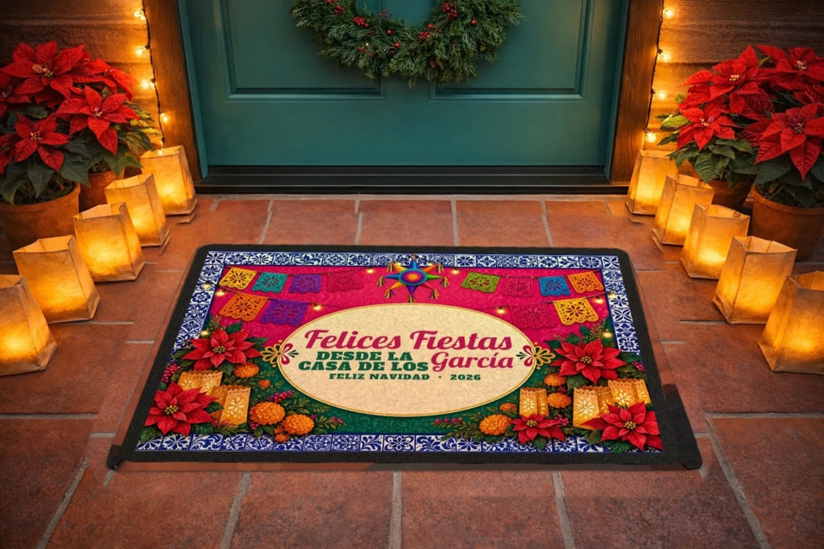 Felices Fiestas family name doormat with poinsettias and lanterns