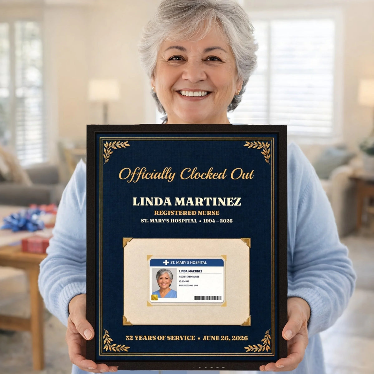 Smiling retiree holding a personalized retirement framed canvas