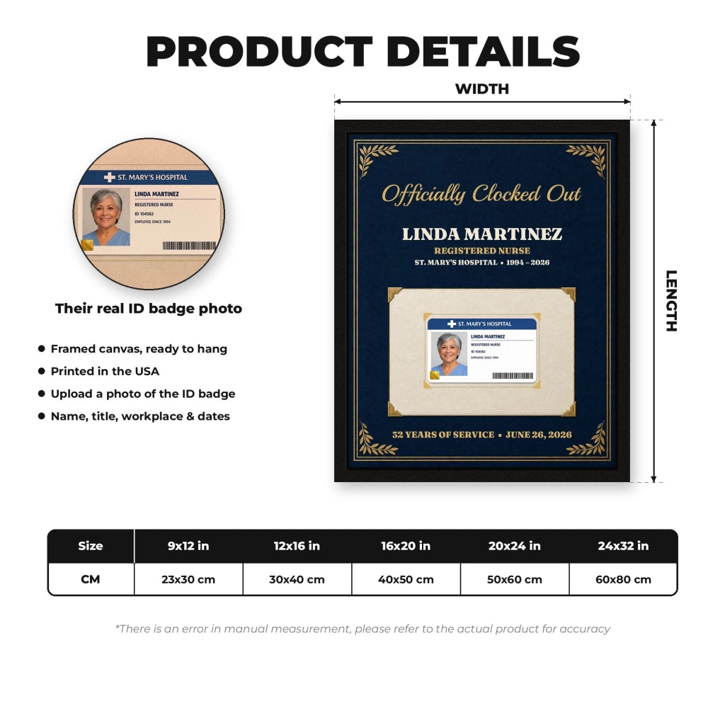 Retirement framed canvas details, printed in the USA, size chart