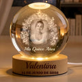 Personalized Quinceañera crystal globe lamp with photo, tiara and roses