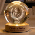 Personalized retirement crystal globe lamp with photo and laurel wreath