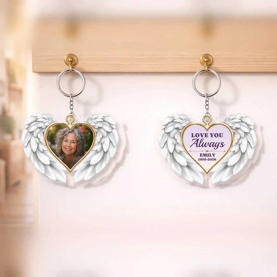 Two-sided memorial angel wings keychain with photo and Love You Always quote