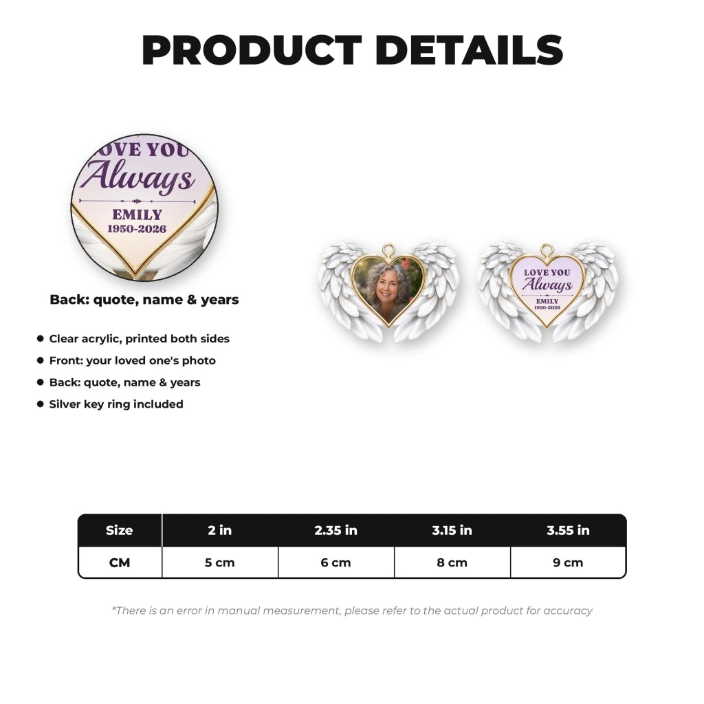 Memorial angel wings keychain details, printed on both sides