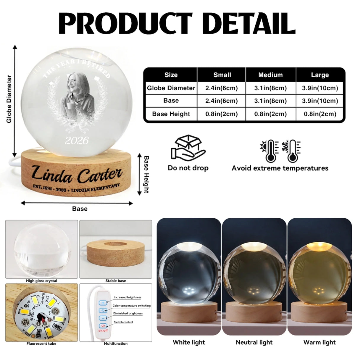 Crystal globe lamp size chart with three sizes and light modes