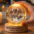 Hand holding a glowing pet memorial globe lamp with engraved name base