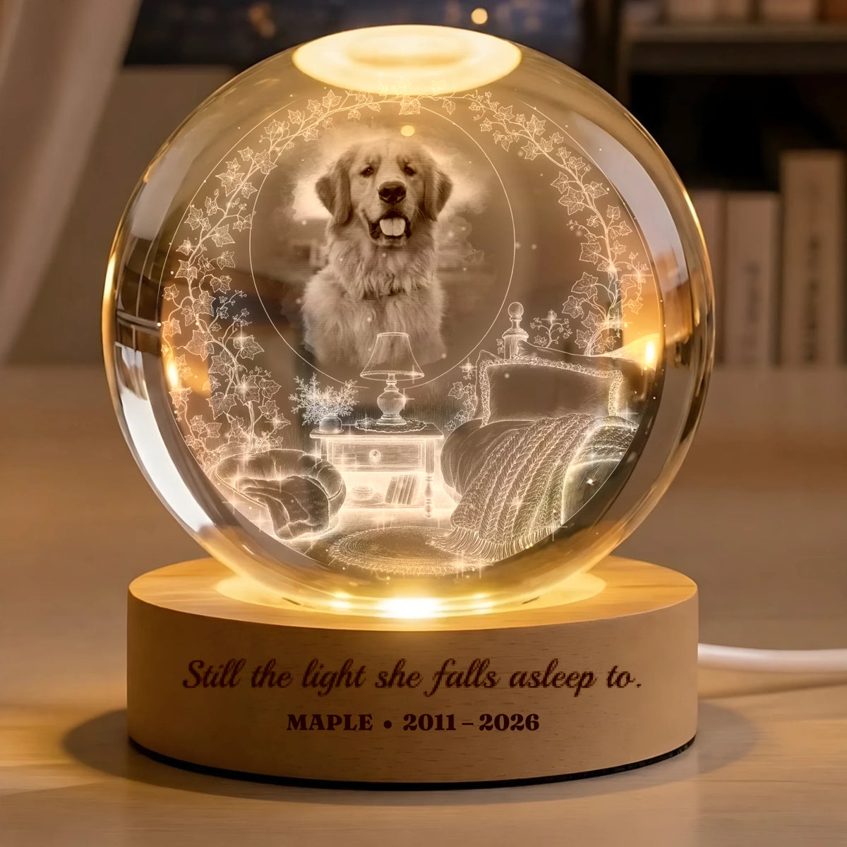 Pet memorial crystal globe lamp with dog photo, bedside lamp and ivy