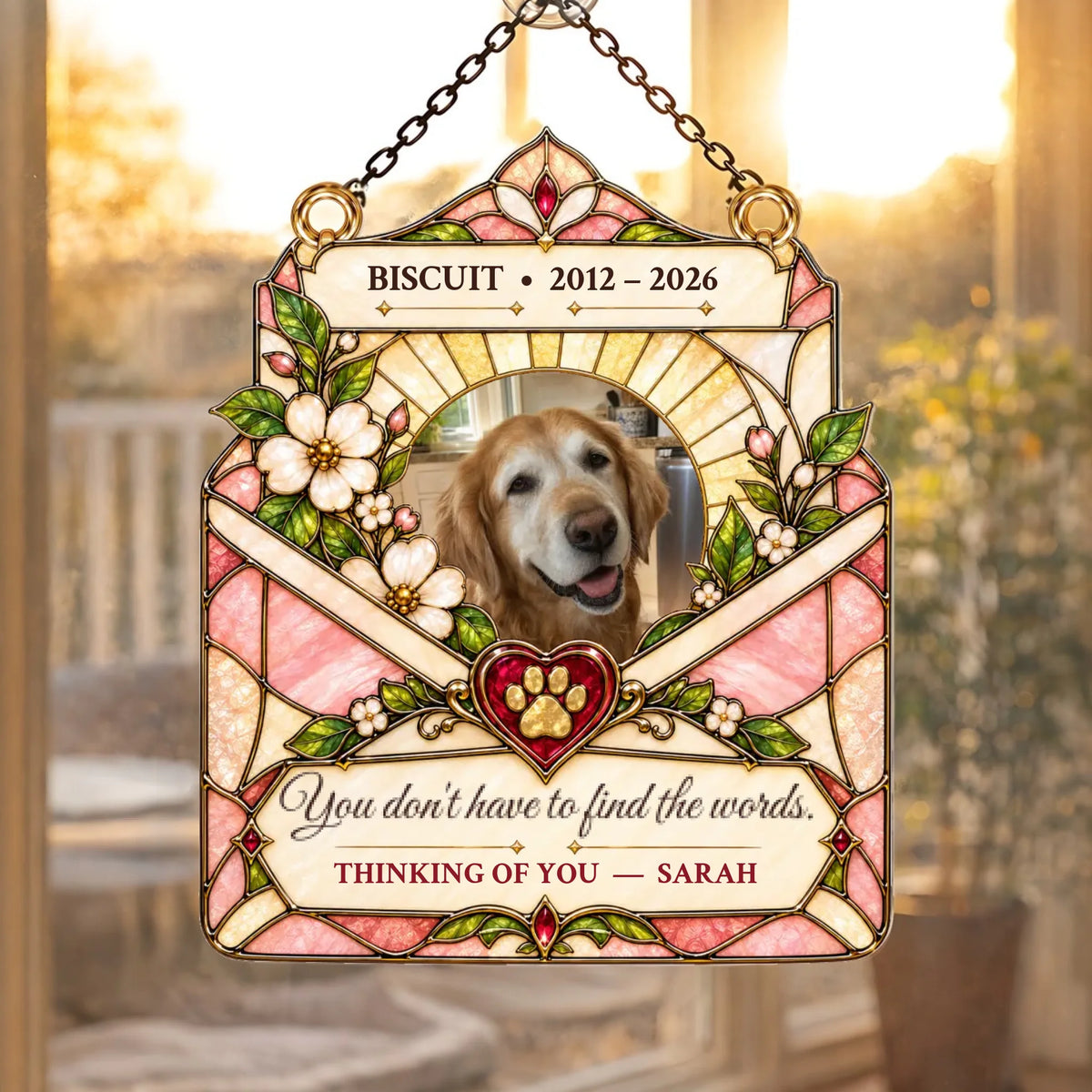 Pet sympathy suncatcher with dog photo in a stained glass envelope