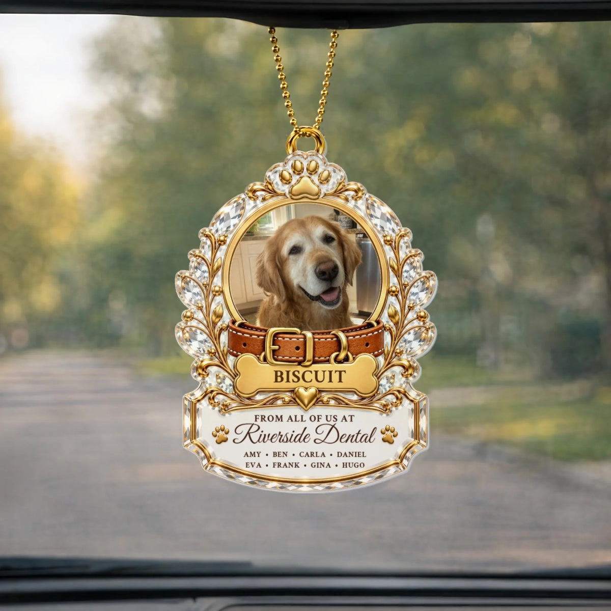 Gold collar pet memorial car hanger hanging from a rearview mirror