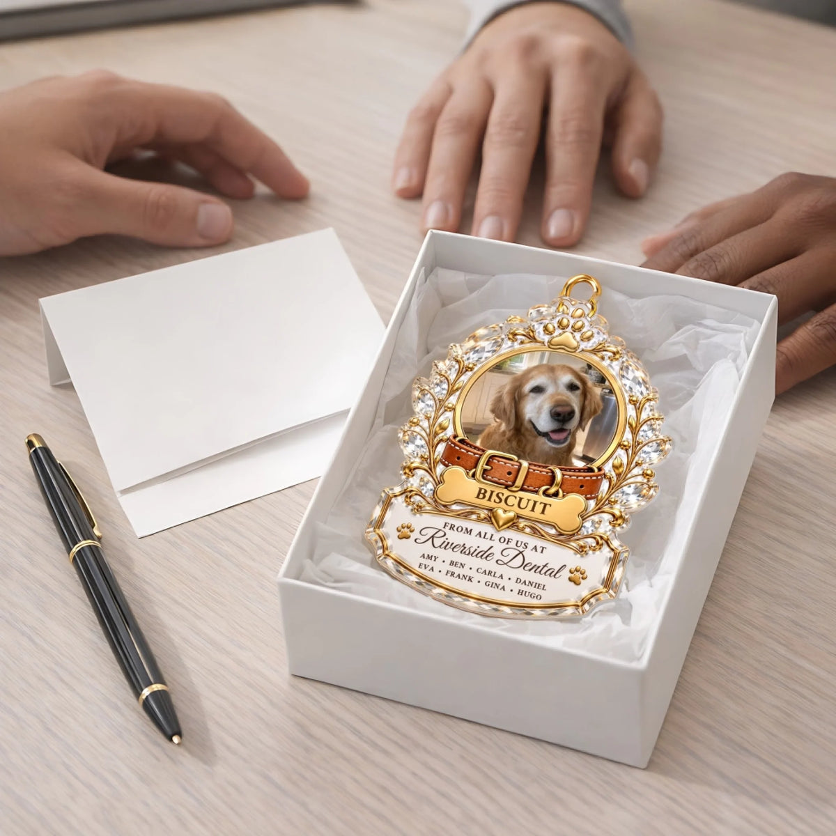 Pet memorial car hanger from coworkers in a white gift box