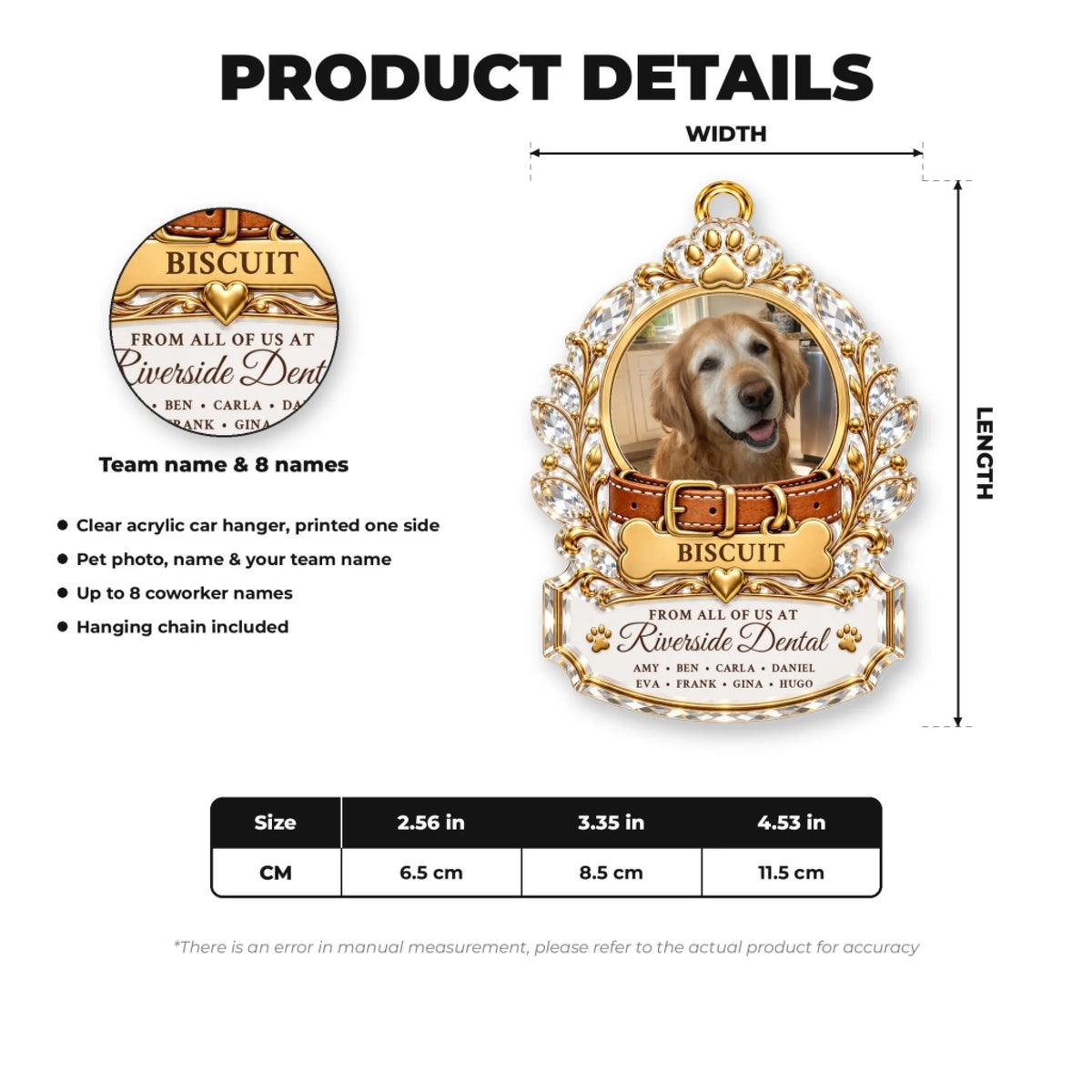 Pet memorial car hanger size chart and personalization details