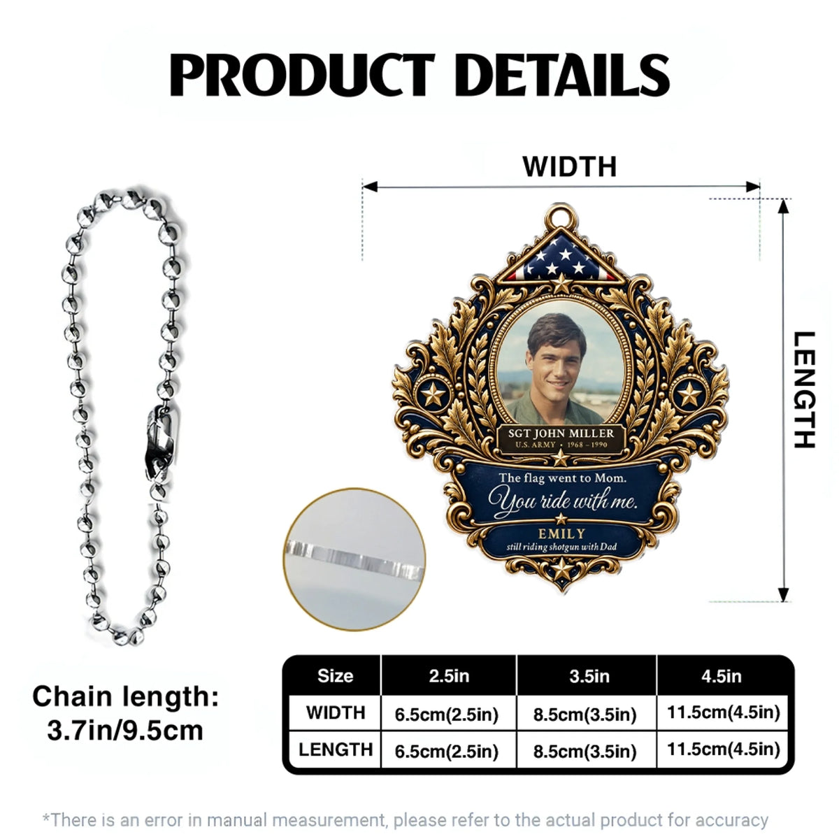 Veteran memorial car hanger size chart with chain length
