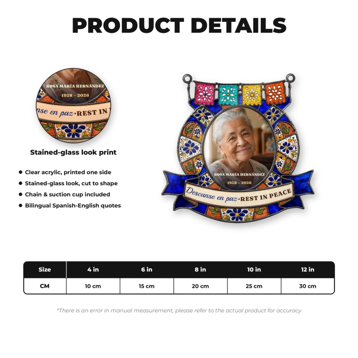 Spanish memorial suncatcher product details and size chart