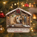 Snowy cabin pet photo ornament hanging on a lit Christmas tree