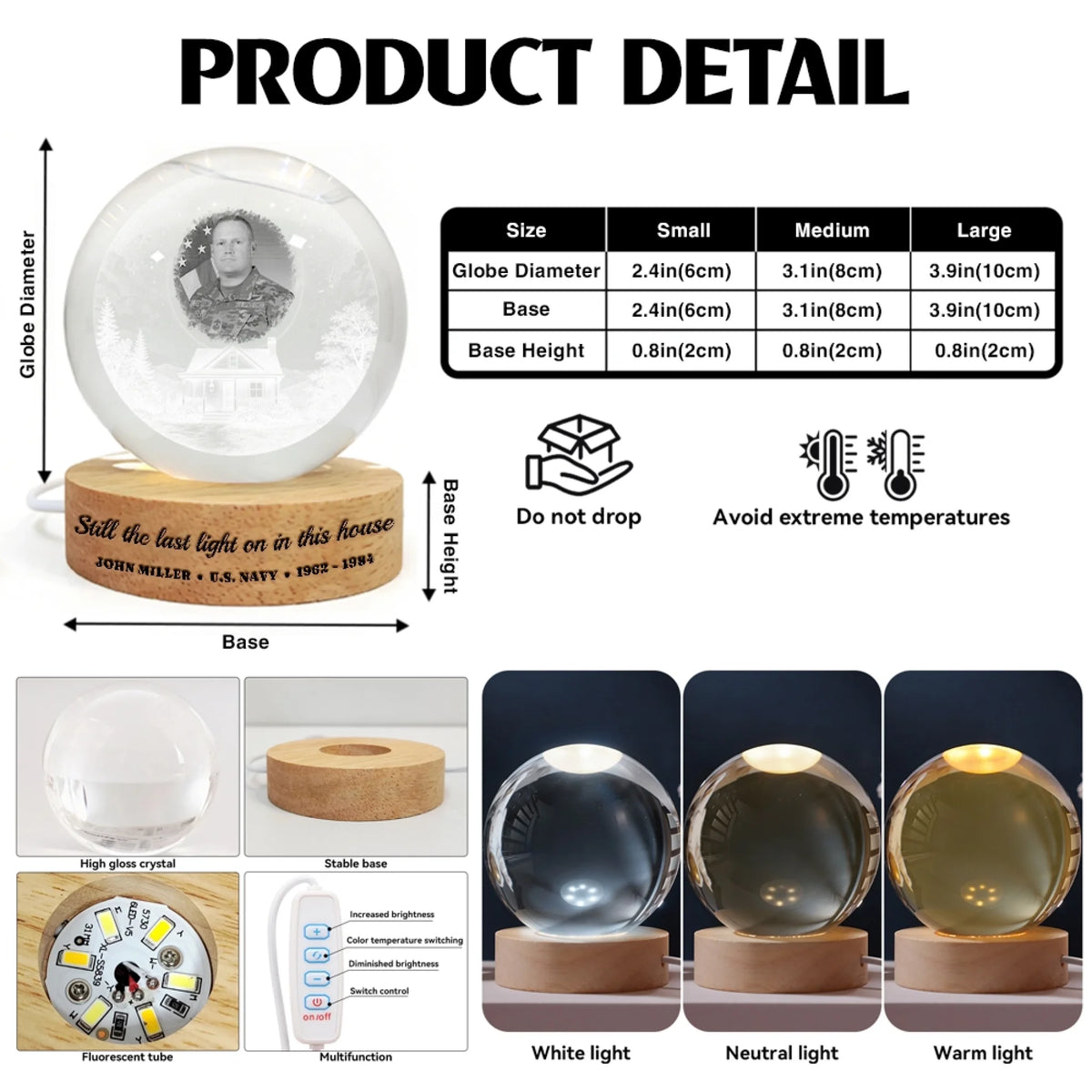 Crystal globe lamp size chart with three sizes and light modes