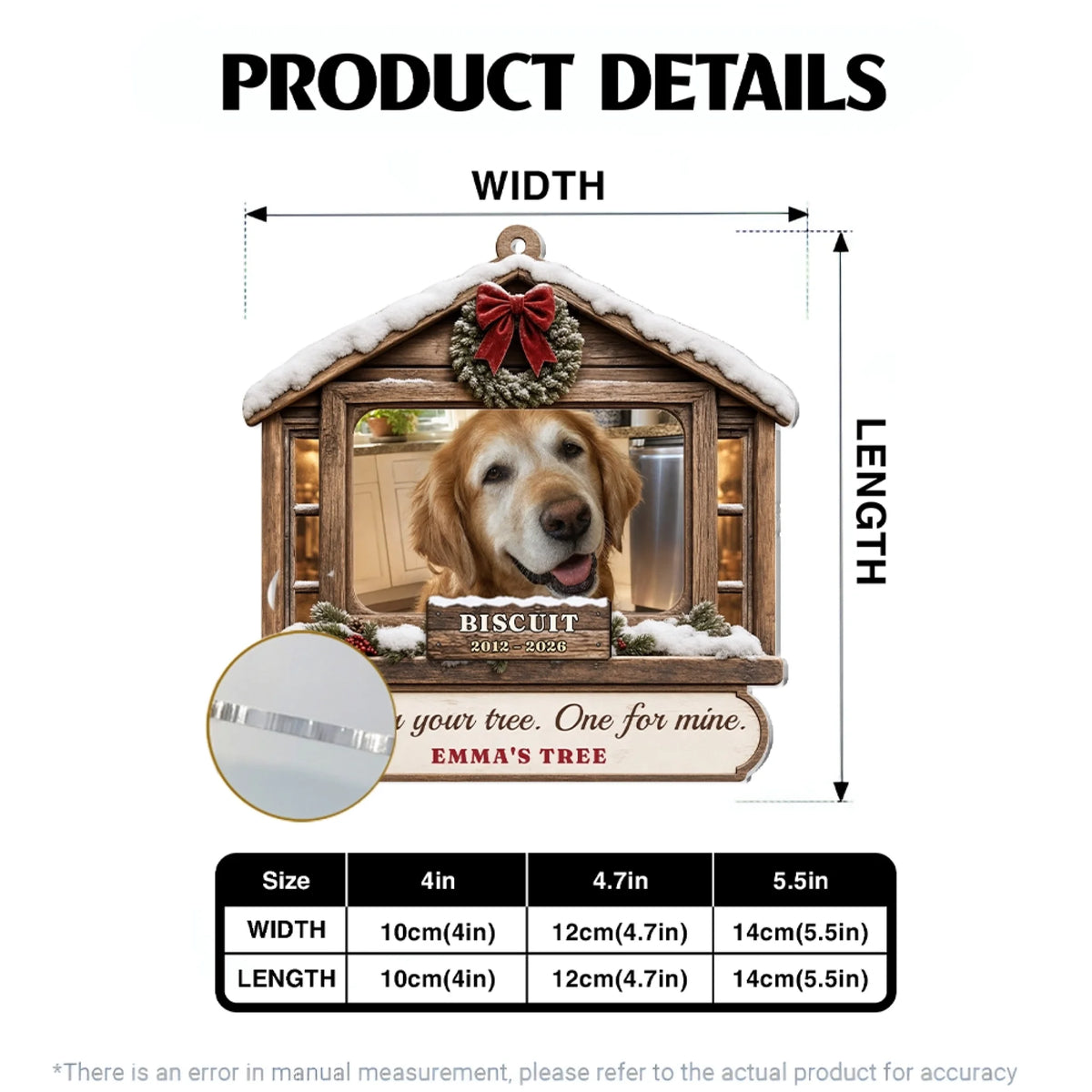 Pet memorial Christmas ornament size chart with three sizes