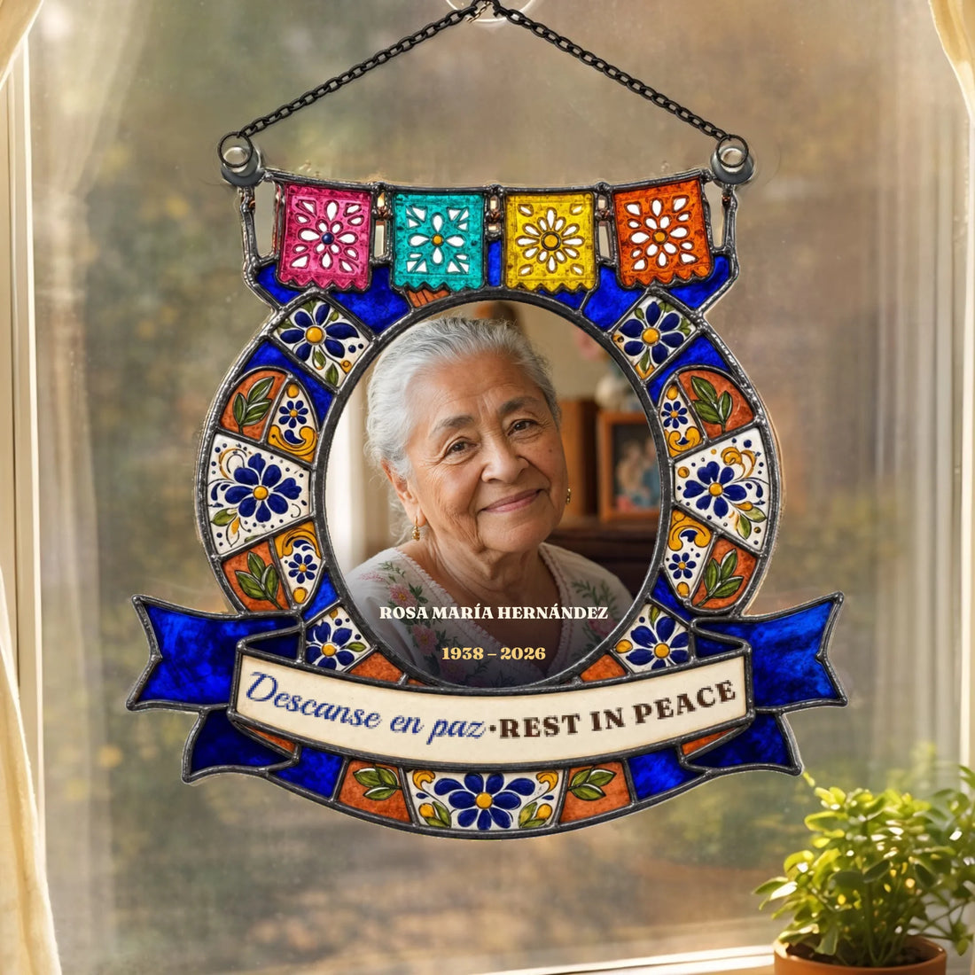 Spanish memorial suncatcher with photo in a Talavera and papel picado frame