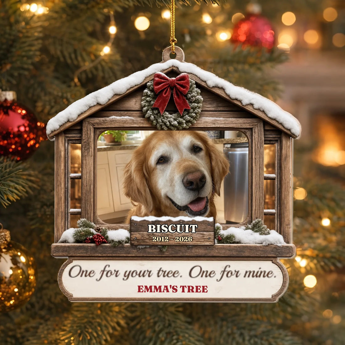 Pet memorial Christmas ornament with dog photo in a snowy cabin window