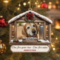 Pet memorial Christmas ornament with dog photo in a snowy cabin window