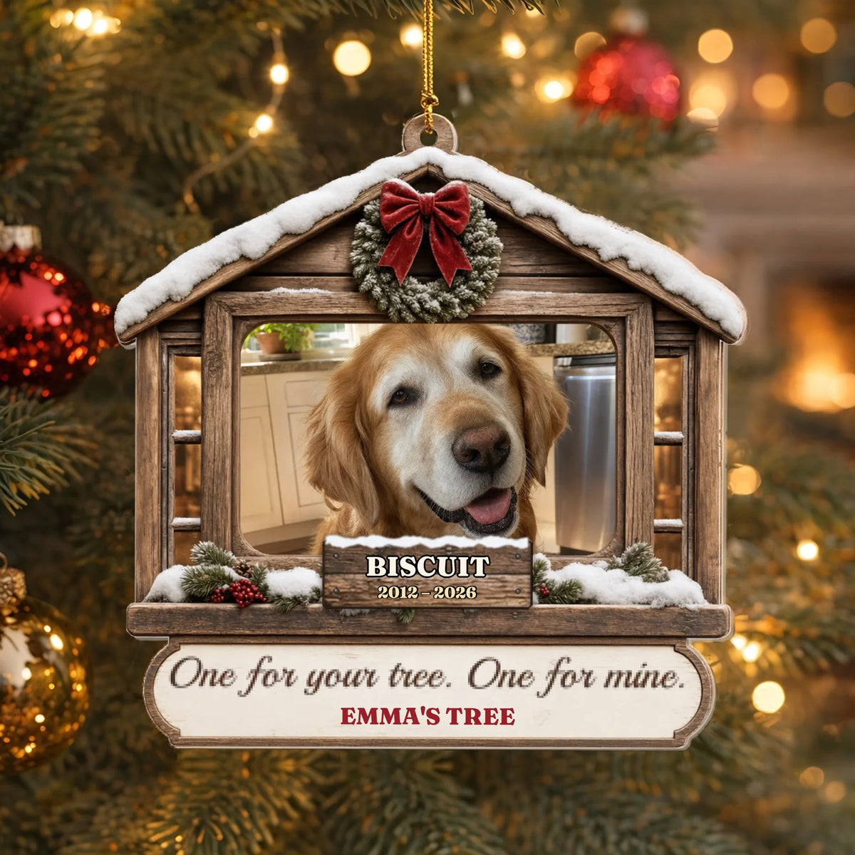 Pet memorial Christmas ornament with dog photo in a snowy cabin window