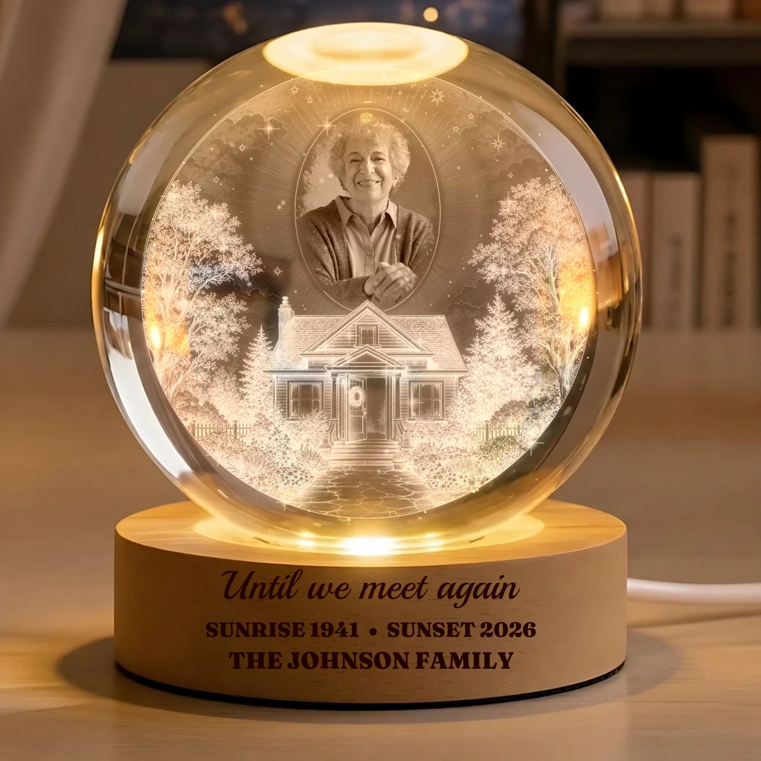 Homegoing memorial crystal globe lamp with photo above a welcoming home