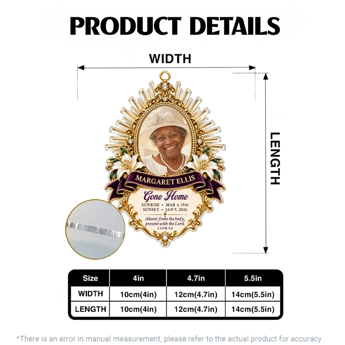 Homegoing memorial ornament size chart with three sizes