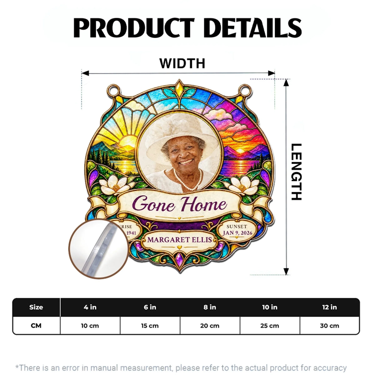Homegoing memorial suncatcher size chart with five sizes