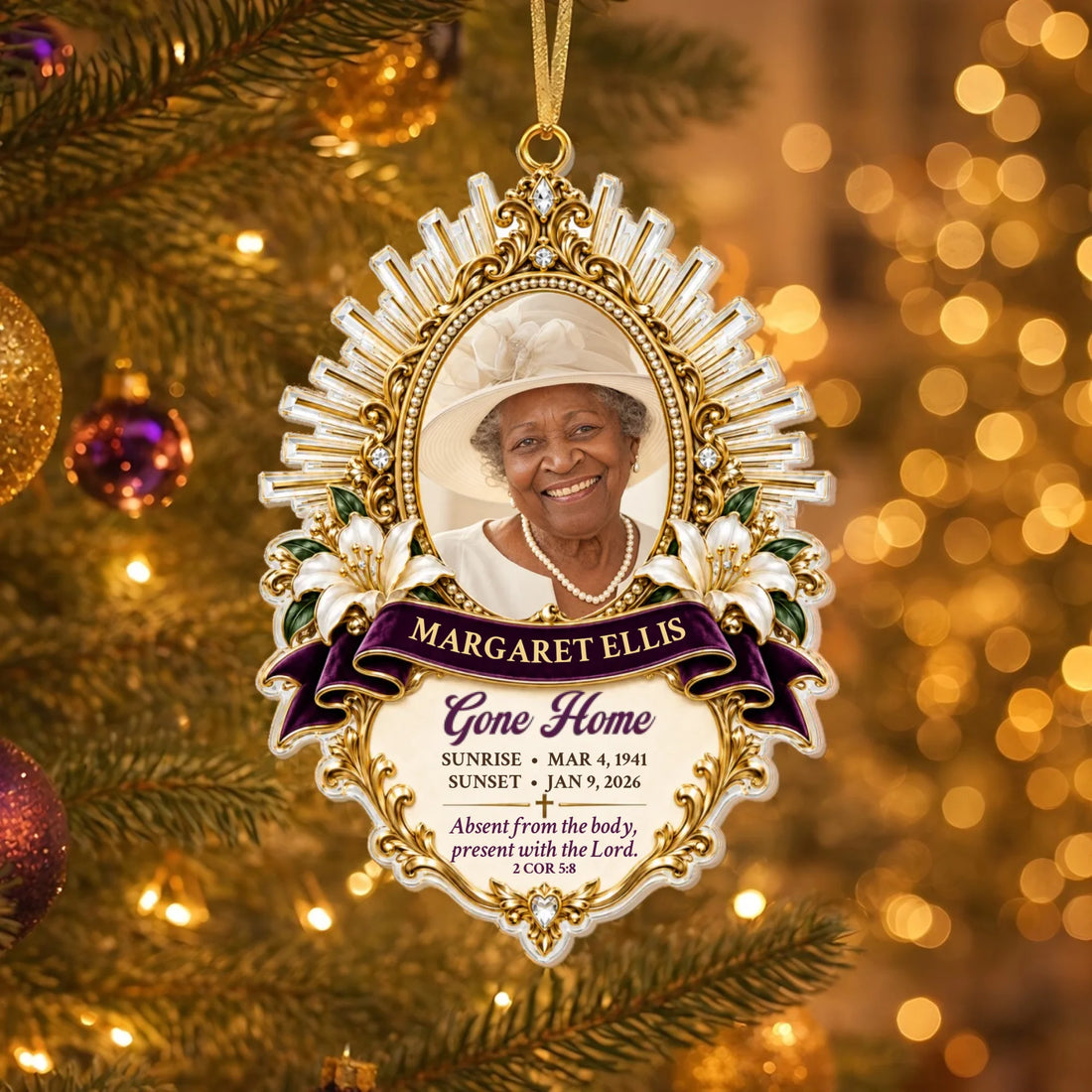 Homegoing memorial ornament with photo, gold sunburst frame and lilies