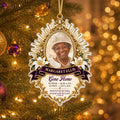 Homegoing memorial ornament with photo, gold sunburst frame and lilies