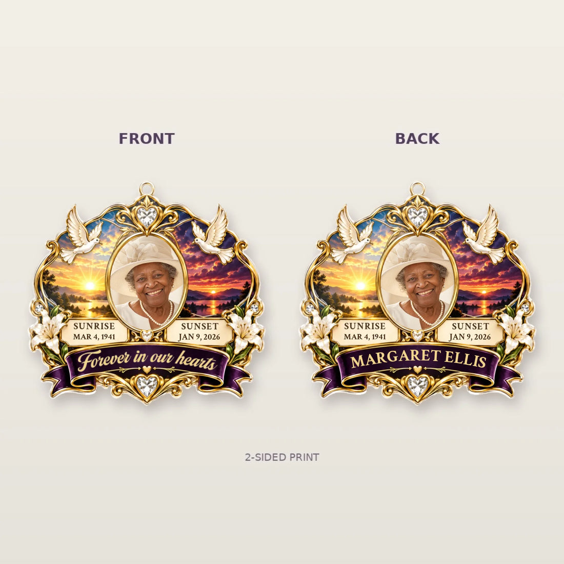 Front and back of a two-sided homegoing memorial car hanger with photo