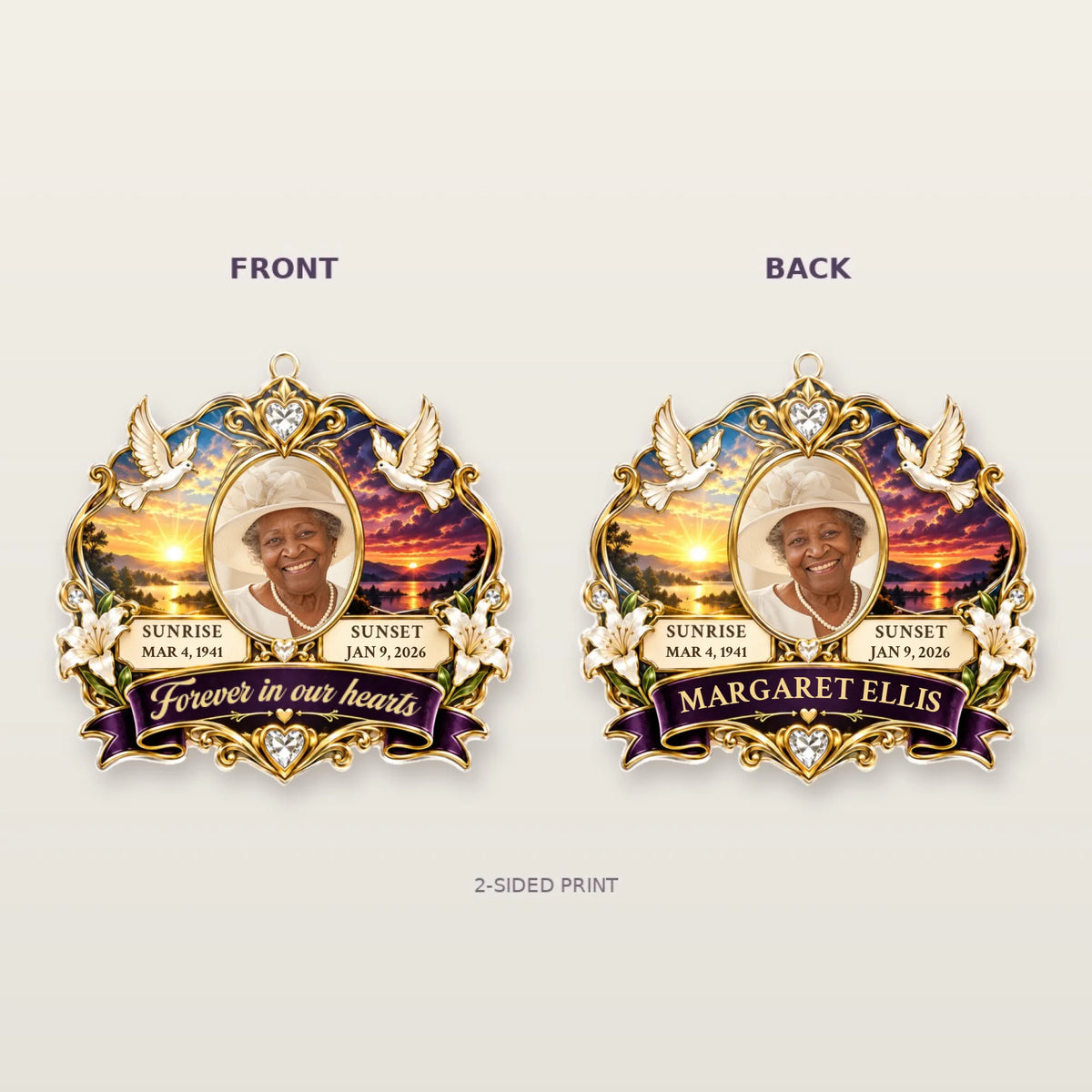 Front and back of a two-sided homegoing memorial car hanger with photo