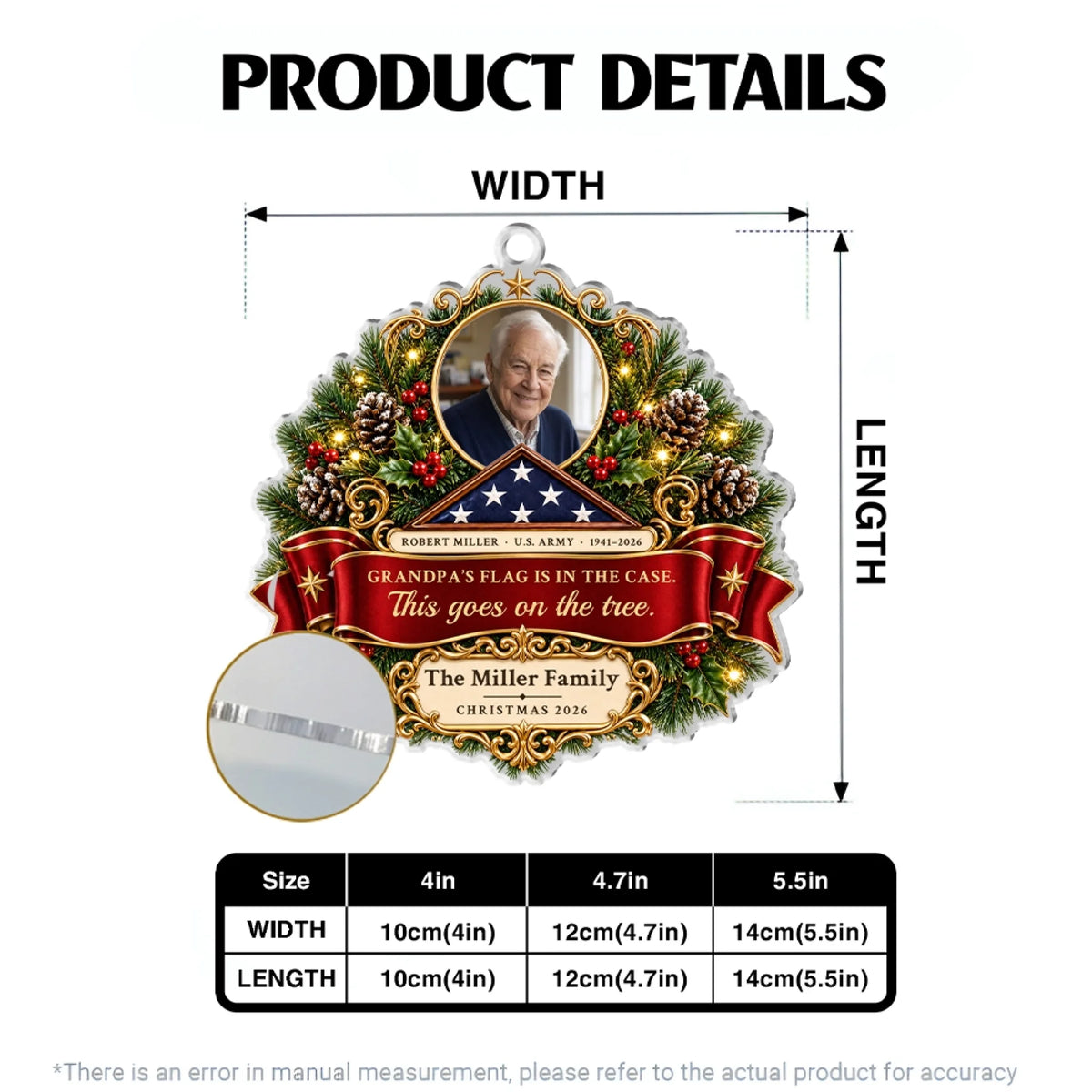 Size chart for the personalized veteran memorial ornament in 4, 4.7 and 5.5 inches