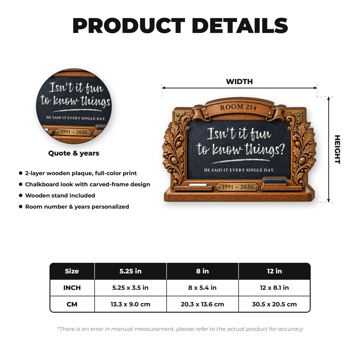 Teacher memorial chalkboard plaque product details and size information