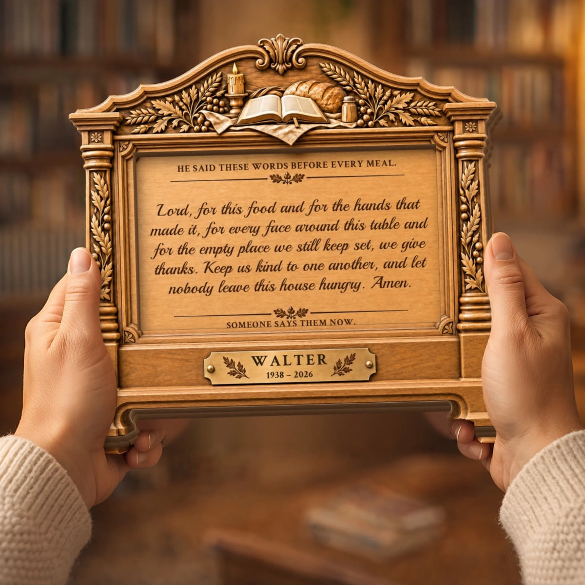 Grandpa memorial grace plaque with carved frame, bread and wheat details