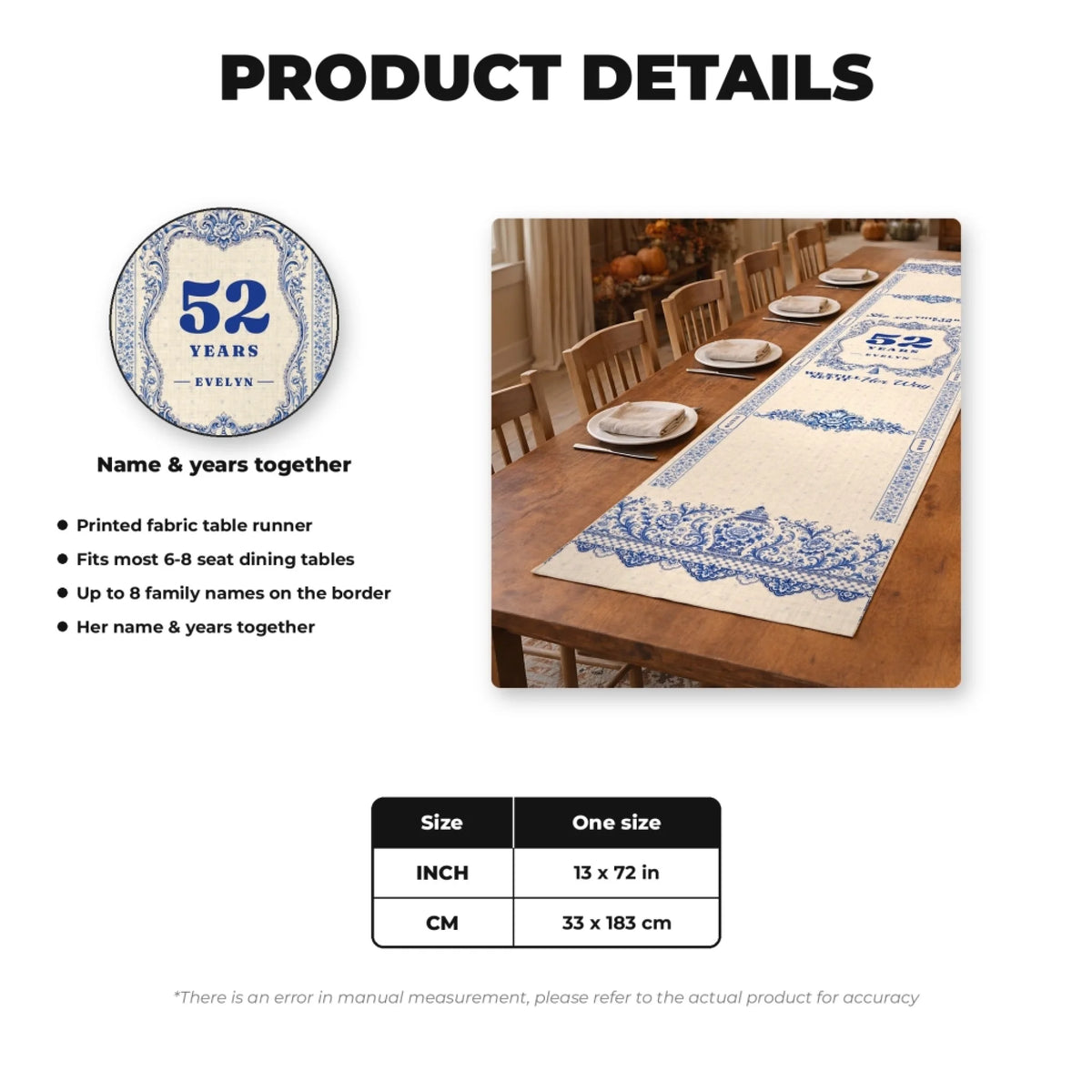 Product details and size chart for the personalized memorial table runner