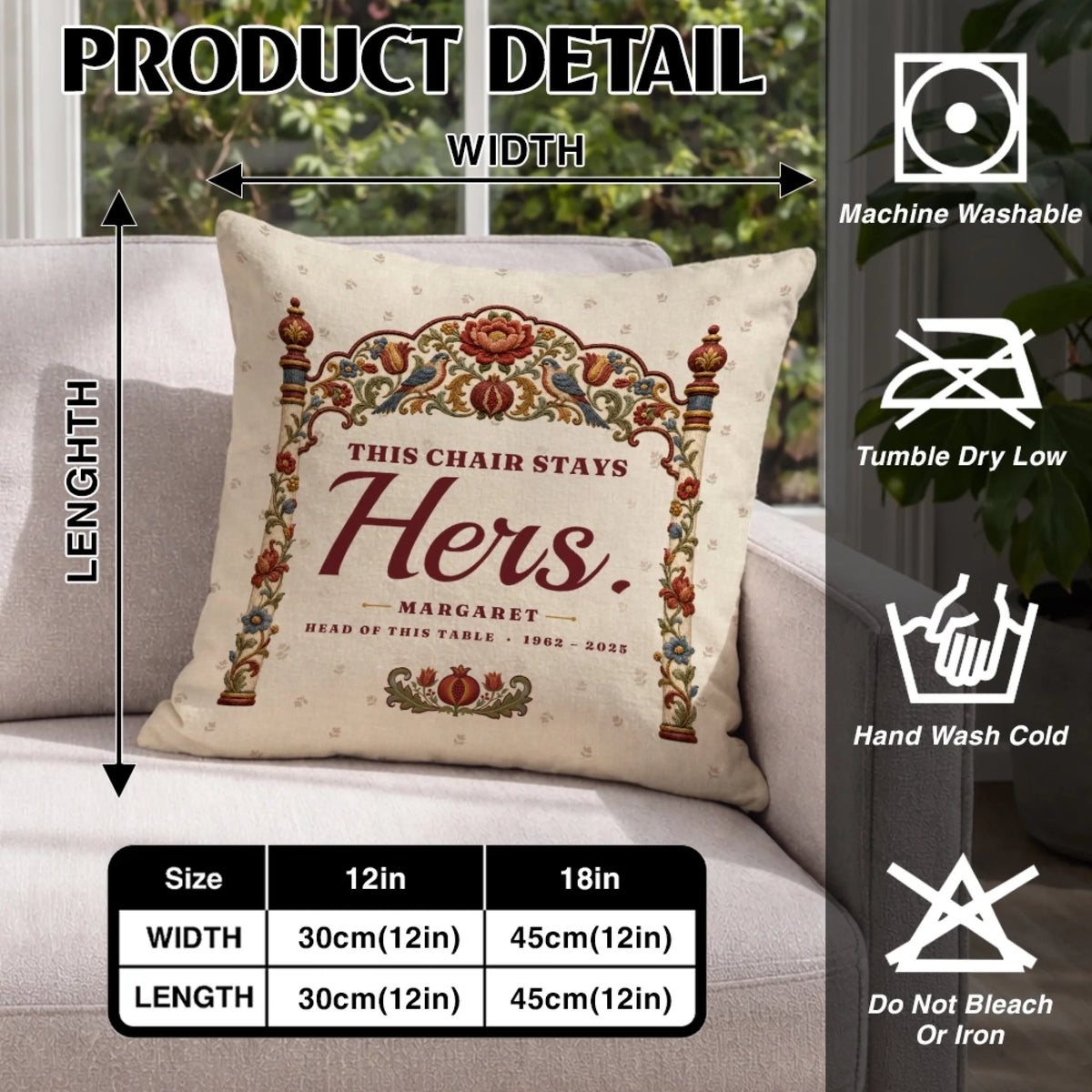 Empty chair memorial pillow product details with size chart and care icons