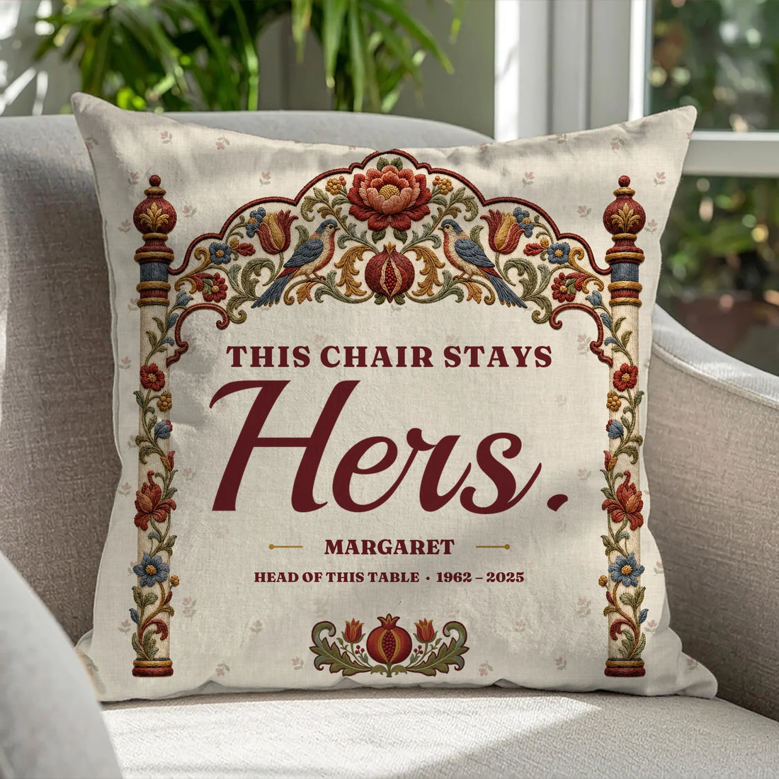 Personalized empty chair memorial throw pillow with folk embroidery arch on armchair