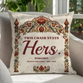 Personalized empty chair memorial throw pillow with folk embroidery arch on armchair