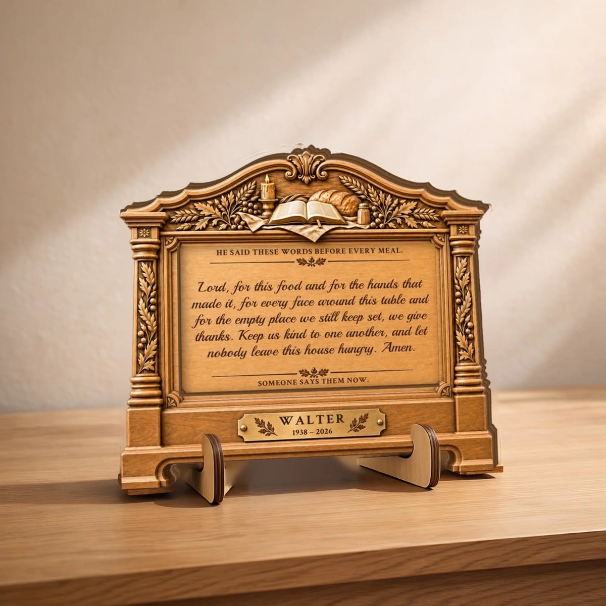 Grandpa memorial wooden plaque with name plate standing on a table