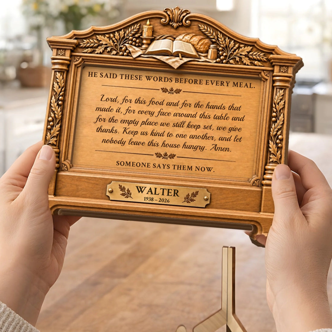 Hands holding personalized grandpa memorial wooden plaque with table grace prayer