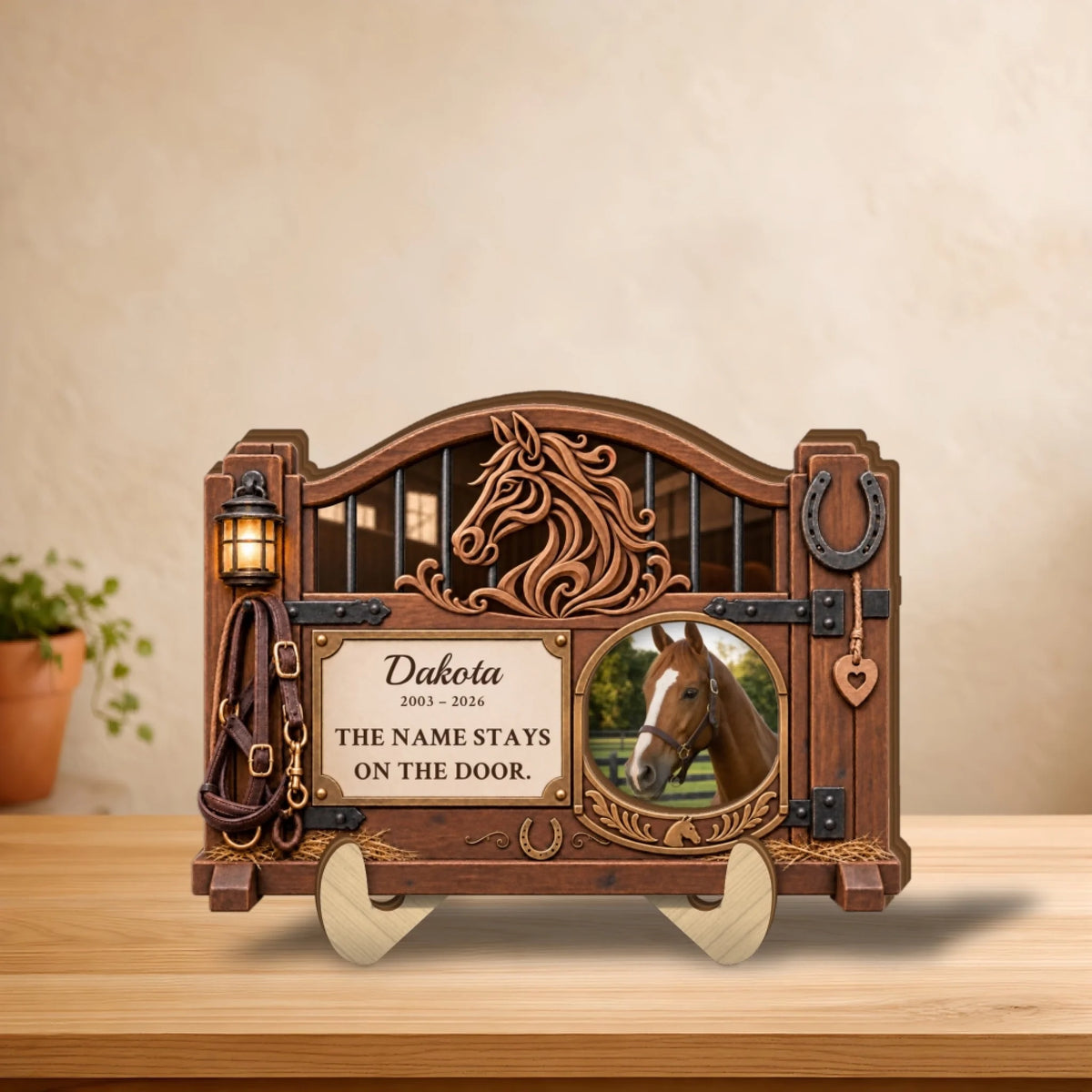 Wooden stall door memorial plaque for a horse on a tabletop stand