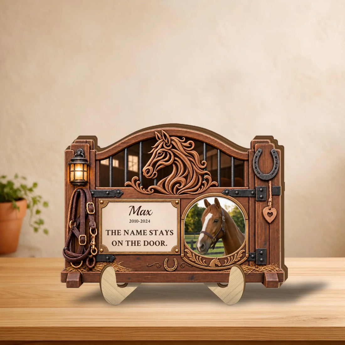 Personalized horse memorial wooden plaque shaped like a stall door with photo