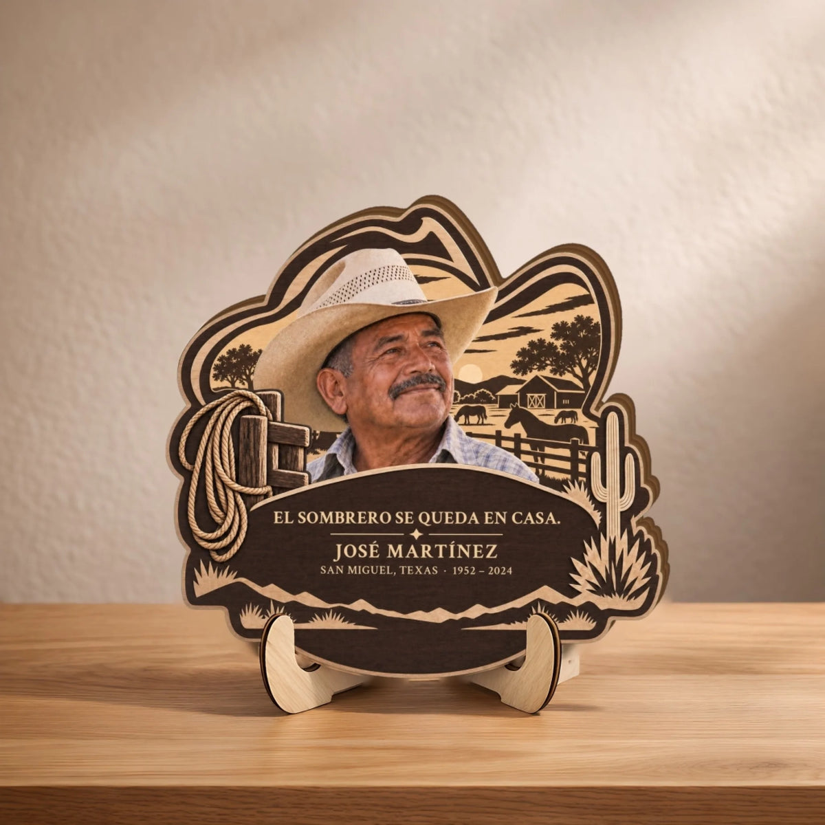 Spanish memorial plaque with cowboy photo standing on a wooden table