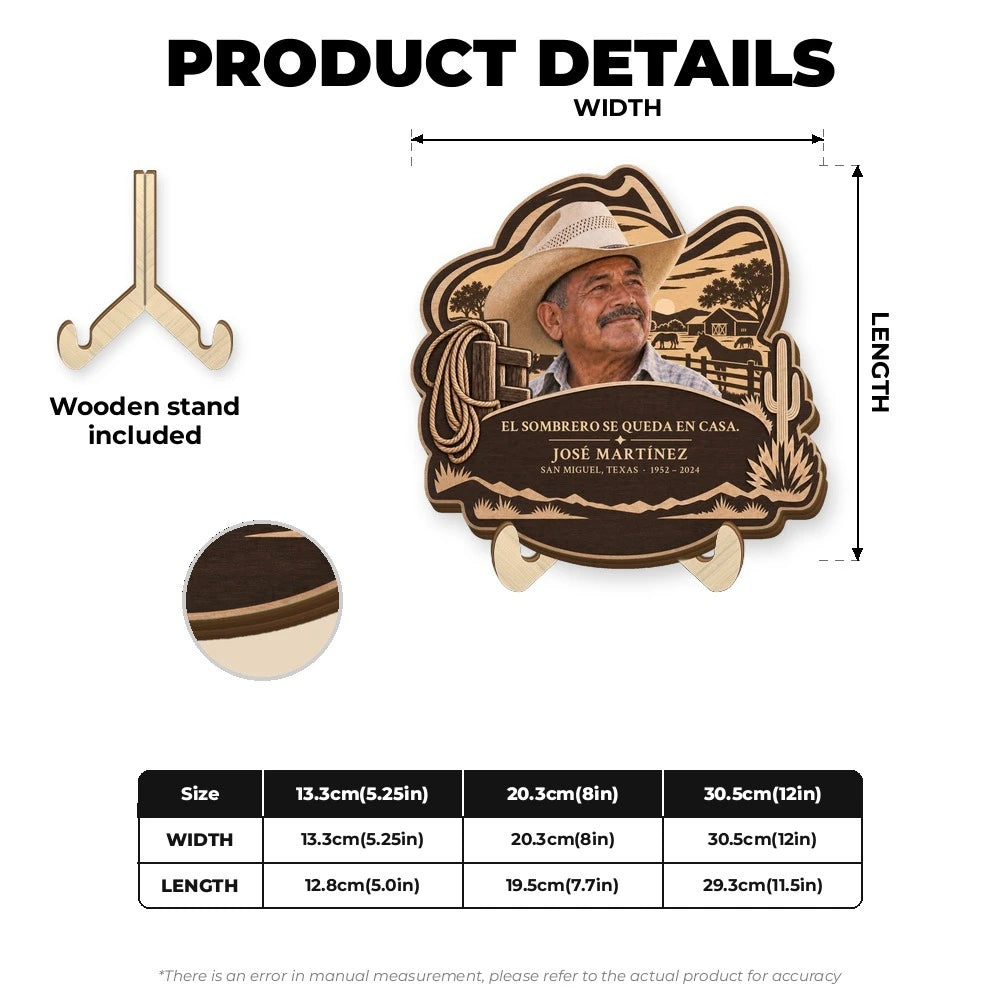 Spanish memorial plaque product details with wooden stand and size chart