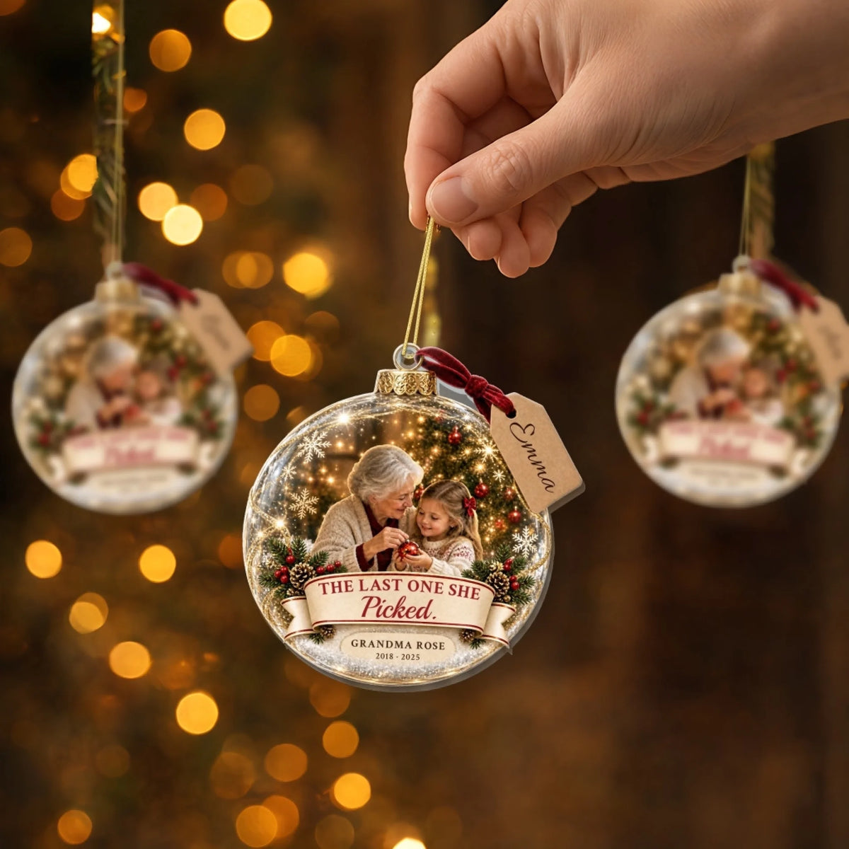 Hand hanging grandma memorial ornament with photo and name tag