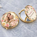 Open gold Spanish blessing compact mirror showing the mirror inside